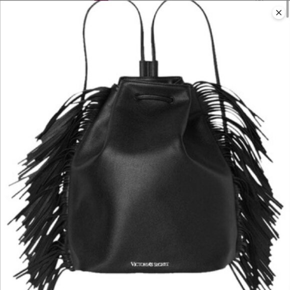 Victoria's Secret Vegan Leather Black Drawstring Fringe Tassel Backpack   NWOT - Picture 4 of 12